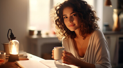 Woman reading a book and drinking coffee at home  - Powered by Adobe