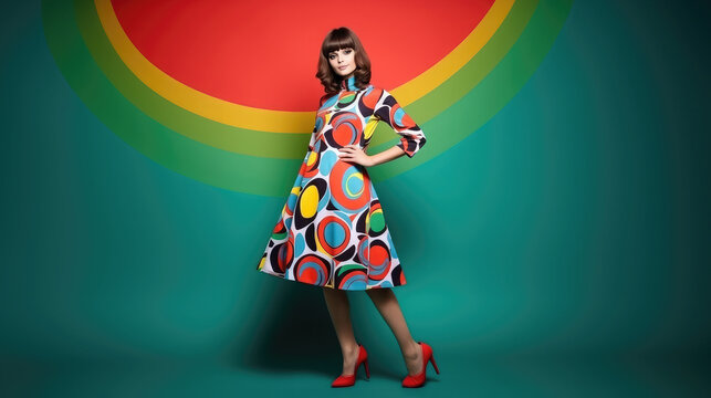 Generative AI, woman in a mods style dress, modernism in fashion, beautiful model in a retro outfit, vintage, 50s, 60s, geometric patterns, bright background, trendy clothing collection, show, skirt
