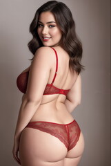 Beauty curve plus size fat woman in a red underwear lingerie in studio shot.Long dark hair.Back view.Digital creative designer fashion art. - obrazy, fototapety, plakaty