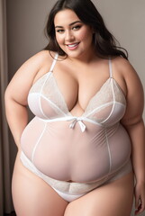 Beauty curve plus size fat woman in a white underwear lingerie in studio shot.Long dark hair.Digital creative designer fashion art.