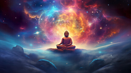 Buddha statue with colorful universe space background