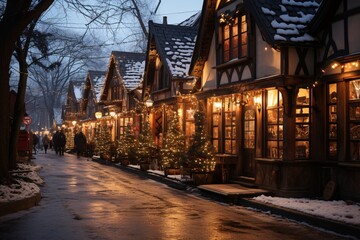 Winter village at night. Small houses in the snow. Christmas landscape. Snowy street in the old town. Winter fairy tale castle at night. Fairy tale castle in winter..