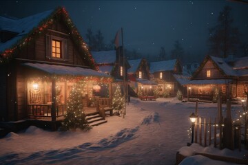 Winter village at night. Small houses in the snow. Christmas landscape. Snowy street in the old town. Winter fairy tale castle at night. Fairy tale castle in winter..