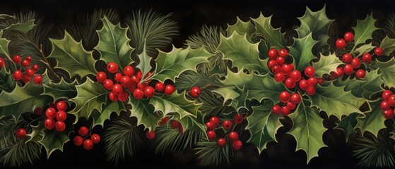 Holly leaves and red berries. Xmas background