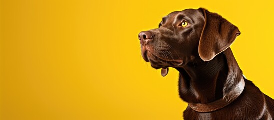 Labrador dog flyer with chocolate color profile isolated on yellow background in neon light Animal...