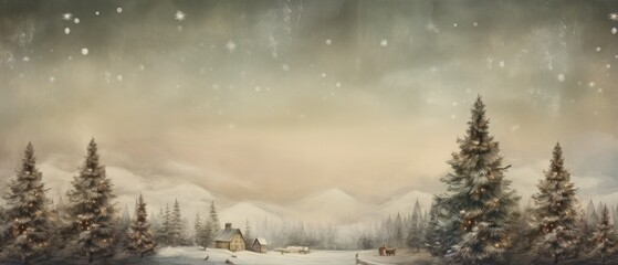 Fototapeta premium Christmas card background vintage nostalgic a snowy landscape with trees and a snow covered field