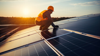 An electrical technician installing solar panels on a roof, emphasizing the concept of alternative, renewable green energy generation through solar power - obrazy, fototapety, plakaty