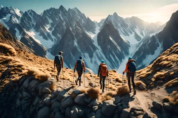 Crédence de cuisine en verre imprimé Annapurna Epic image with hikers helping each other reach the mountain top, Generative AI illustration