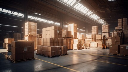A warehouse full of boxes and pallets.