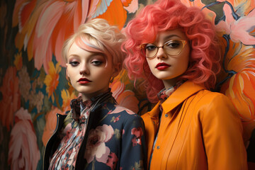 Naklejka premium Nature Meets Fashion: Exotic Models with Vivid Hair Hues, Adorned with Floral Designs, Complementing a Florist's Wallpaper Backdrop