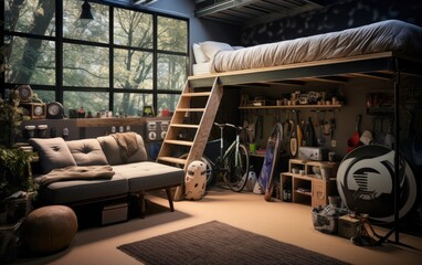 Teens bedroom with a loft bed, and a study nook underneath. Generative AI