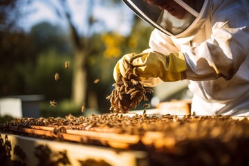 a professional beekeeper wearing a protective clothing and veil taking care of his bee hive in the rural setting, harvesting honey, close-up photo