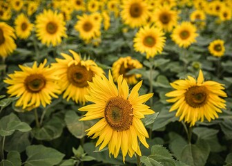 Vibrant, sunny field of lush sunflowers growing in cohesion