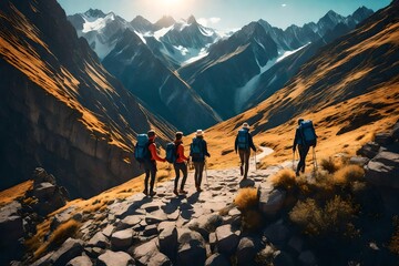 Epic image with hikers helping each other reach the mountain top, Generative AI illustration - obrazy, fototapety, plakaty