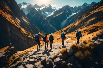 Crédence de cuisine en verre imprimé Annapurna Epic image with hikers helping each other reach the mountain top, Generative AI illustration