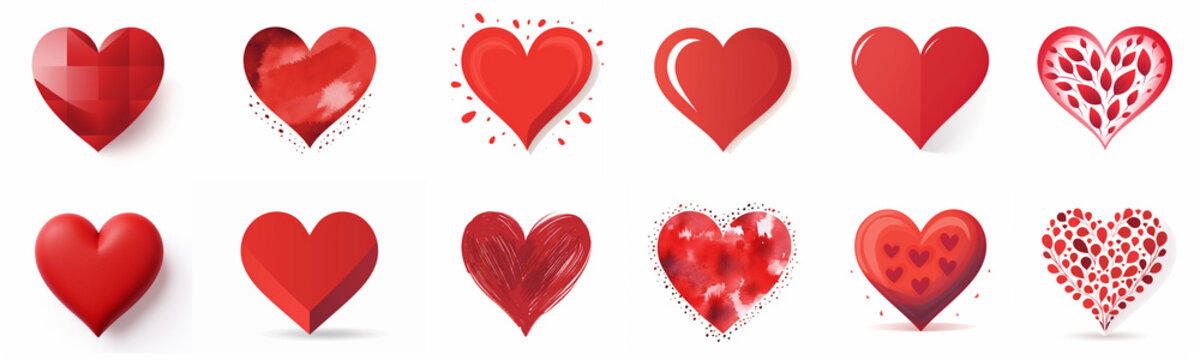 collection of different shapes simple red hearts on a white background, love symbols, generative AI 