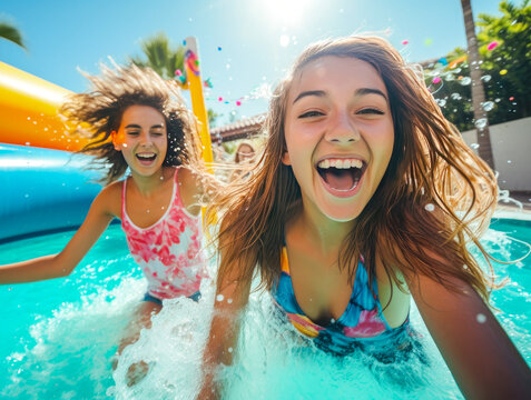 Teenage girl friends laughing and splashing water in a swimming pool. Enjoying a carefree pool party, showcasing friendship, joy, and summer fun