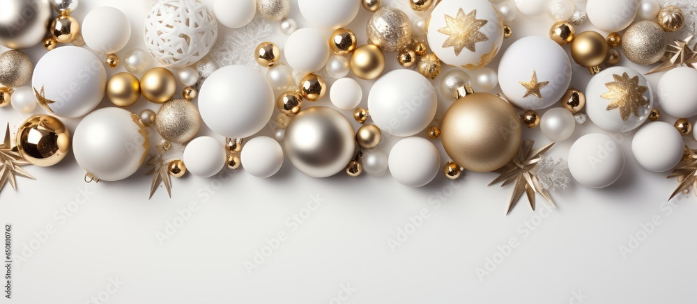 Sticker top view of white and golden christmas decorations arranged on a white background in a frame