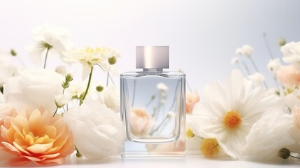 Obraz na płótnie Canvas Mockup of a woman's perfume bottle with white flowers on a light background