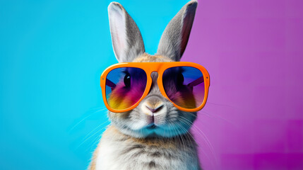 A stylish rabbit wearing sunglasses against a vibrant background