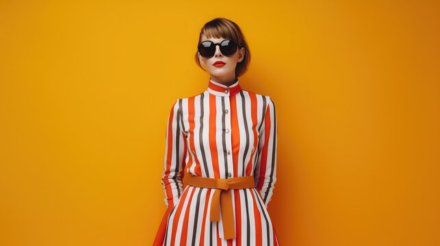 Generative AI, woman in a mods style dress, modernism in fashion, beautiful model in a retro outfit, vintage, 50s, 60s, geometric patterns, bright background, trendy clothing collection, show, skirt