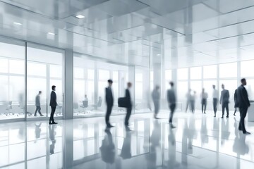 blurred business people in white glass office background, Generative AI