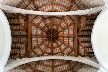 Low angle shot of the roof of the SS Sacramento church in Offagna, Italy