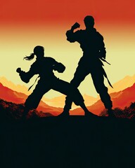 Martial Arts Silhouette. Set of Martial Art Fighters in Action Poses - Kick, Punch and Fight with Combat Sport Elements