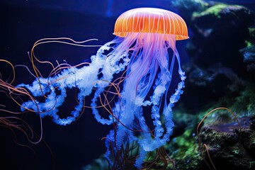 Mesmerizing Blue Jellyfish Swimming in Water | Close-Up Image of Colourful Jellyfish at Zoo in April - obrazy, fototapety, plakaty