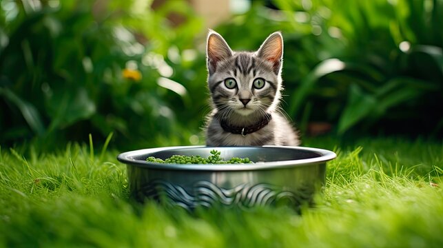 Grey Tabby Cat Enjoying Green Garden with Bowl of Food and Shamrock