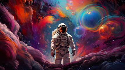 A stunning artwork featuring an astronaut within a vibrant bubble-filled galaxy on an alien planet, created using Generative AI techniques. An artistic expression in the realm of Pop Ar - obrazy, fototapety, plakaty