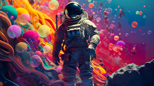 A stunning artwork featuring an astronaut within a vibrant bubble-filled galaxy on an alien planet, created using Generative AI techniques. An artistic expression in the realm of Pop Ar