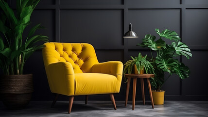 Stylish bright yellow chair against a dark gray wall. Fashionable interior, living room interior