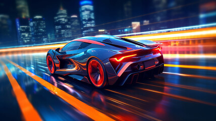 view of Sports Car On Neon Highway. Powerful acceleration of a supercar on a black night.generative ai - obrazy, fototapety, plakaty