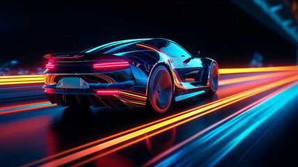 view of Sports Car On Neon Highway. Powerful acceleration of a supercar on a black night.