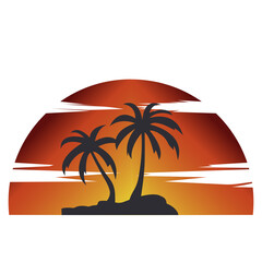 Coconut tree icon, sun, sunset, shadow, silhouette. Vector illustration.