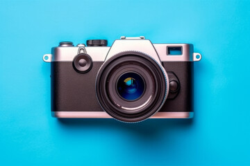 Fototapeta premium World Photography Day camera on blue background top view