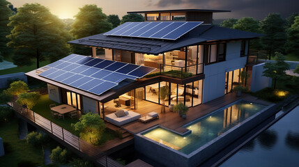 A residence equipped with solar panels on its roof, exemplifying the use of sustainable and clean energy at home