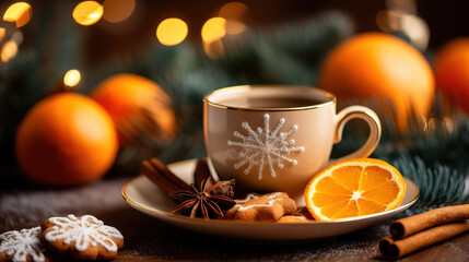 A cup of tea in a Christmas arrangement. Ai generative