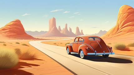 Obraz premium Retro poster showing a trip in an old classic car. Travel and freedom concept. Ai generative
