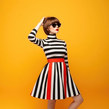 Generative AI, woman in a mods style dress, modernism in fashion, beautiful model in a retro outfit, vintage, 50s, 60s, geometric patterns, bright background, trendy clothing collection, show, skirt