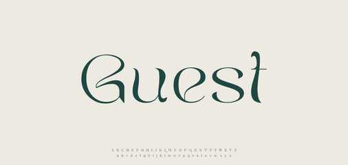 Guest Classic typography serif font. Uppercase, lowercase, ligatures, ampersand, alternate, and number. Vector illustration word. Lettering Minimal Fashion Designs Romance Elegant. - obrazy, fototapety, plakaty