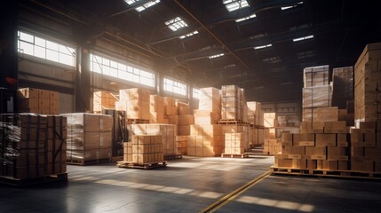 A warehouse full of boxes and pallets.