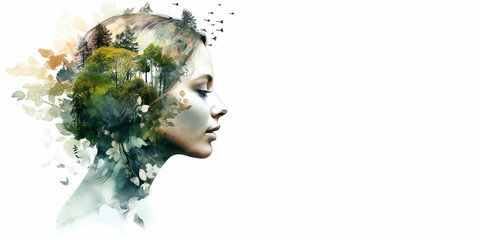 Mental Health Awareness. Eco stile. Abstract portraite of beautiful young woman. Double exposure of female with background of nature, trees, forest. Watercolor illustration, free space, white backdrop