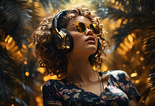 African American dj girl surround palms works on style fashion, music event. entertainment concept