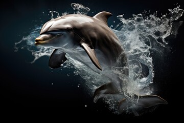Dolphin and water splashes on dark blue background