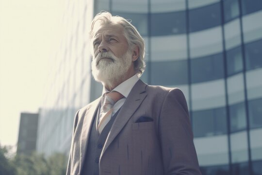 Grey-Bearded Caucasian Male Professor Posing on the Street Near Skyscraper.