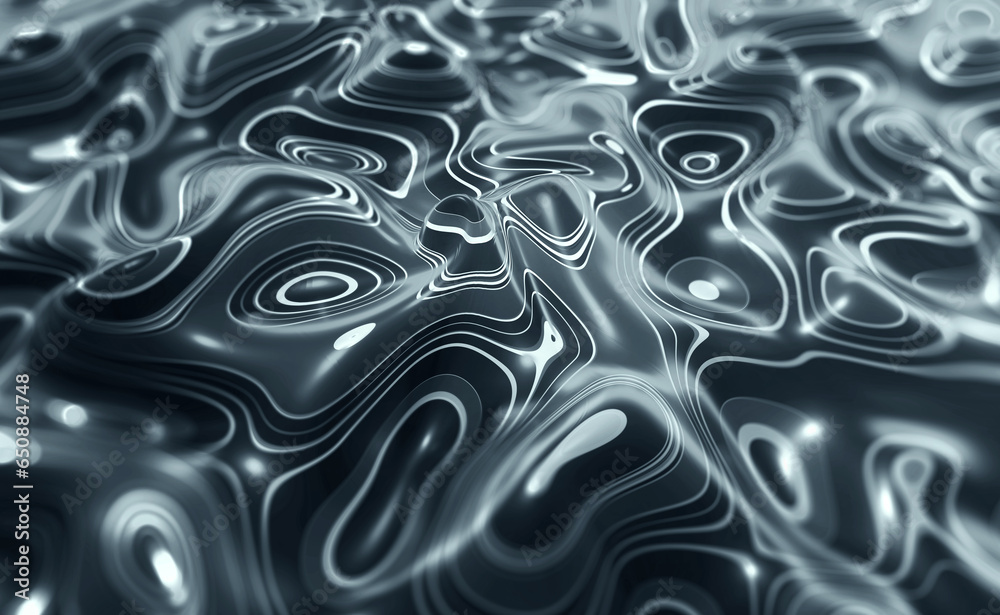 Poster a curved space of magical forms. oil stains on a field of wavy lines. 3d illustration of abstract em