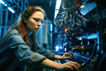 Fototapeta na wymiar Confident female worker skillfully operating high-tech machinery in a modern automotive manufacturing