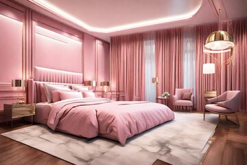 3d rendering beautiful luxury bedroom suite in hotel with tv and pink wall